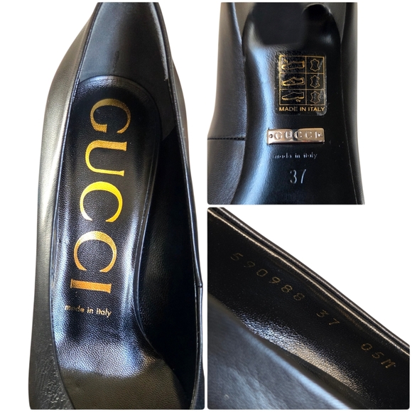 GUCCI Crystal Ankle Strap Leather Pumps Heels Black 37 Style # 590988